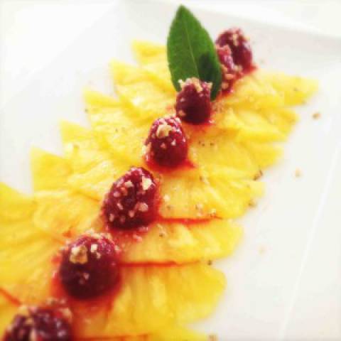 Pineapple Carpaccio with Marinated Raspberries & Candied Walnuts